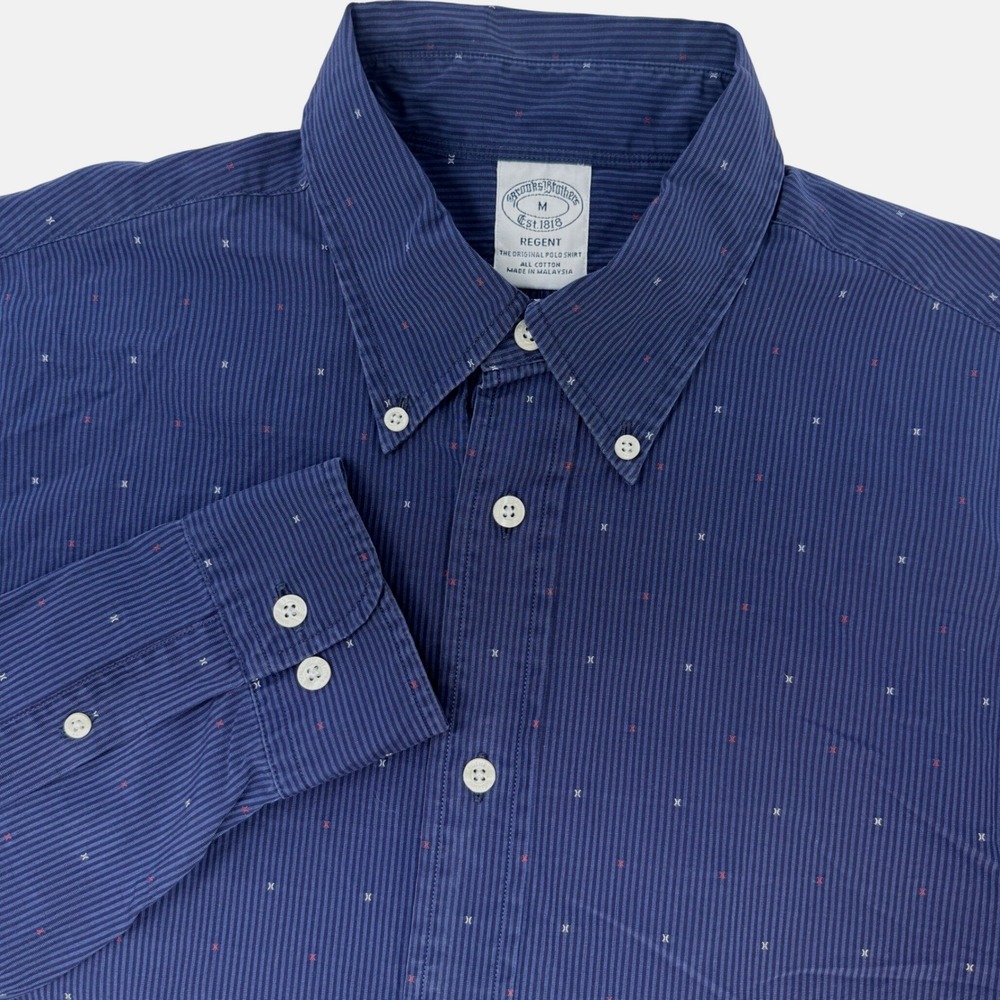Brooks Brothers Regent Fit Navy Blue Striped Cross Embroidered Shirt Mens Medium